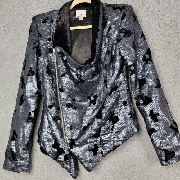 Bebe Kardashian Jacket Blazer M Asymmetric Zipper Sequin Swiftie Moto Mob Wife - Picture 7 of 16